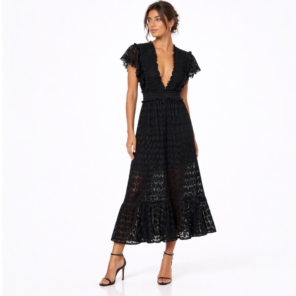 Waimari Florence Crochet Lace Maxi Dress‎ XS Black Deep V-Neck Flutter Sleeve